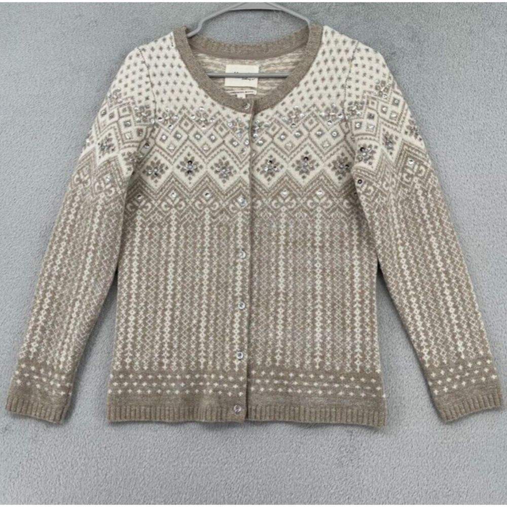Telluride Clothing Co Cardigan Women M Cream Lambswool Fair Isle Metallic Beaded